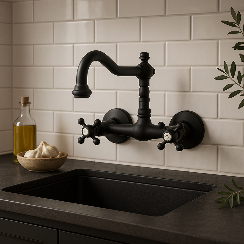 Rubinetto da cucina classico nostalgico V2721 rubinetto a parete nero opaco 1208953527